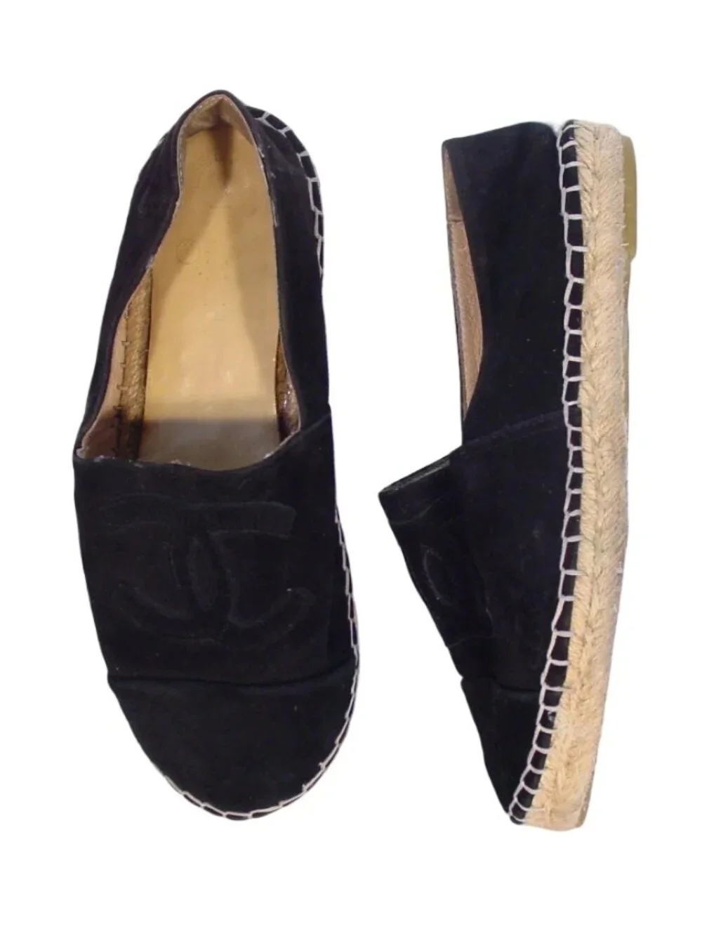 CHANEL CC Logo $975 Black Suede Espadrilles Loafers Flats 38/8 - Made in SPAIN - Picture 1 of 11
